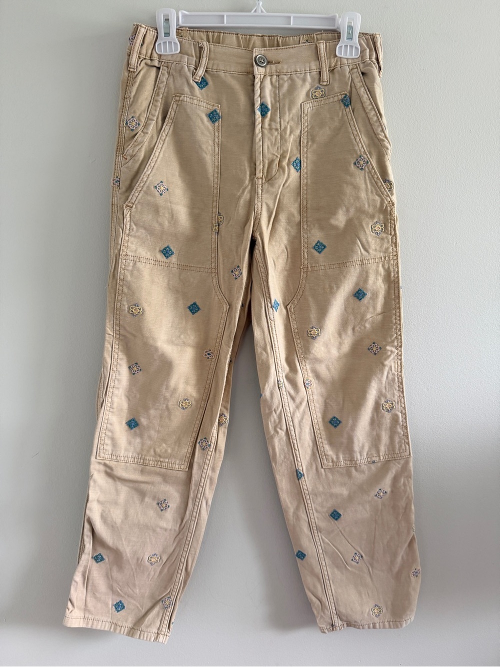 Pilcro Tan Cargo Pants with Blue Embroidery
